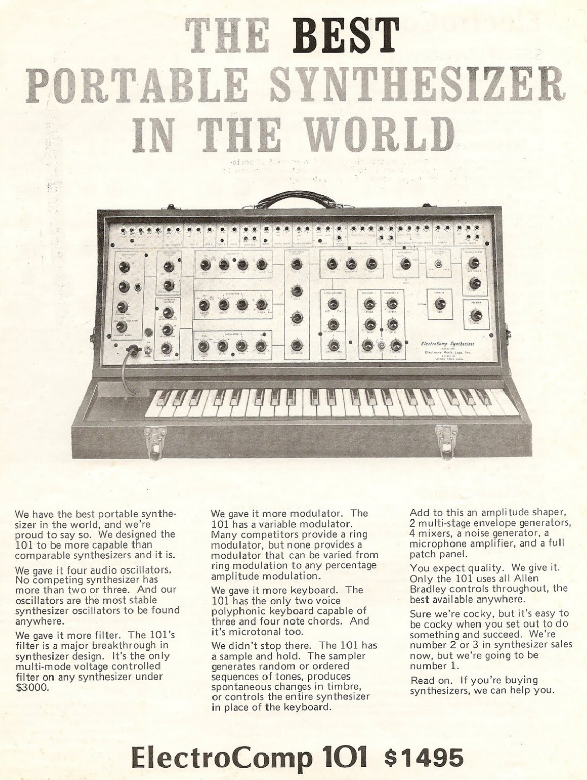 Original 1974 EML ElectroComp 101 advertisement — "The Best Portable Synthesizer In The World", $1,495