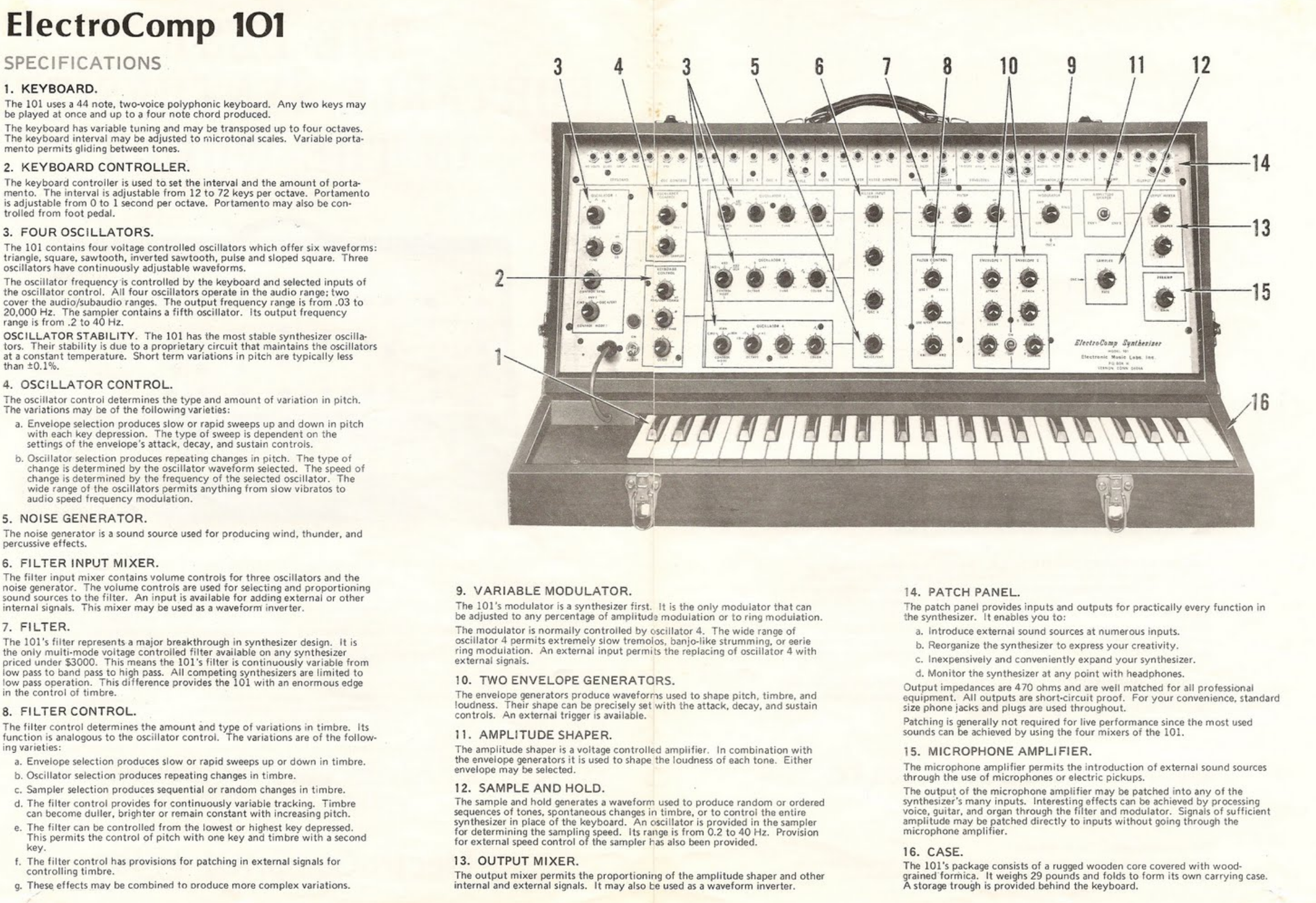 Original EML ElectroComp 101 factory specification sheet with 16 numbered controls