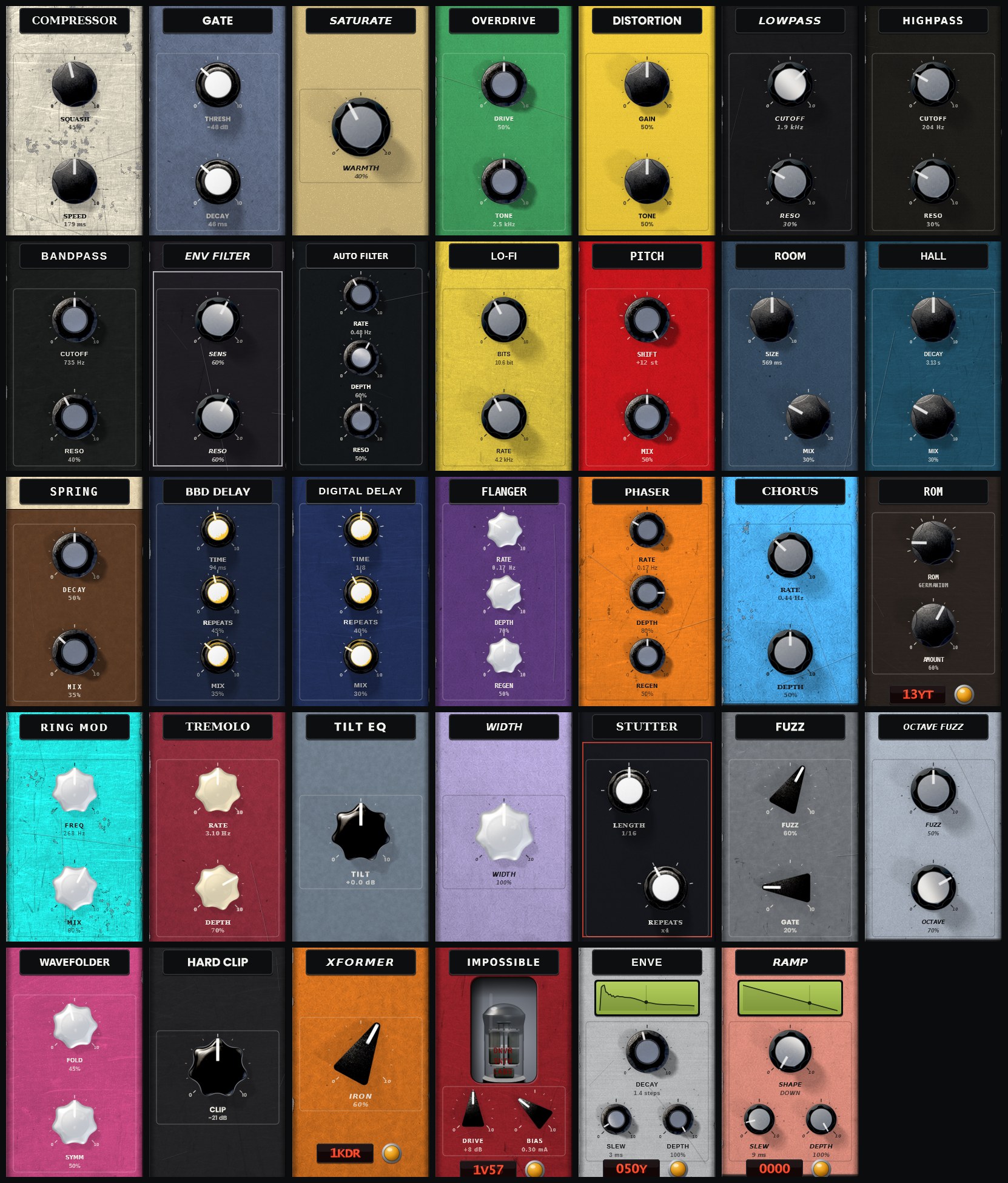 All 34 OCTAL effect modules: compressor, gate, saturate, overdrive, distortion, lowpass, highpass, bandpass, envelope filter, auto filter, lo-fi, pitch, room, hall, spring, BBD delay, digital delay, flanger, phaser, chorus, ROM, ring mod, tremolo, tilt EQ, width, stutter, fuzz, octave fuzz, wavefolder, hard clip, transformer, impossible valve, ENVE, ramp